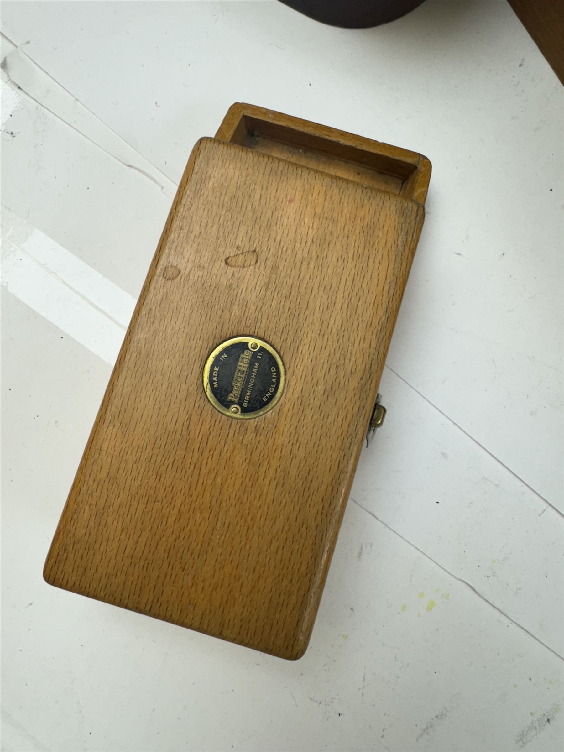 Group of wooden boxes and tins, including oak two compartment cigarette box, money tins, inlaid tea caddy, etc