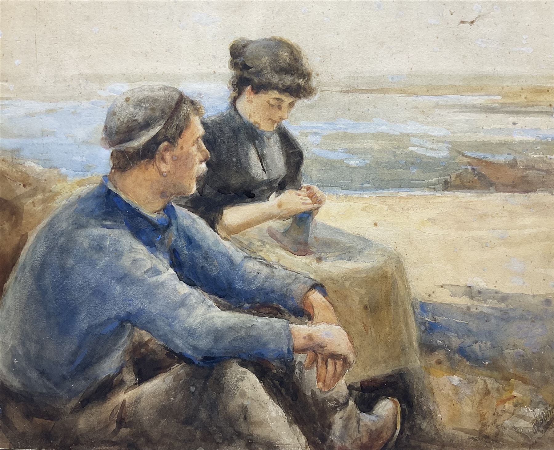 Robert Jobling (Staithes Group 1841-1923): Fisherman and his Wife, watercolour signed 35cm x 43cm