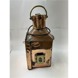 1940s copper and brass ship's corner lamp, converted to electricity, with applied plaque inscribed bow starboard patt.24, dated 1944, including handle H46cm 