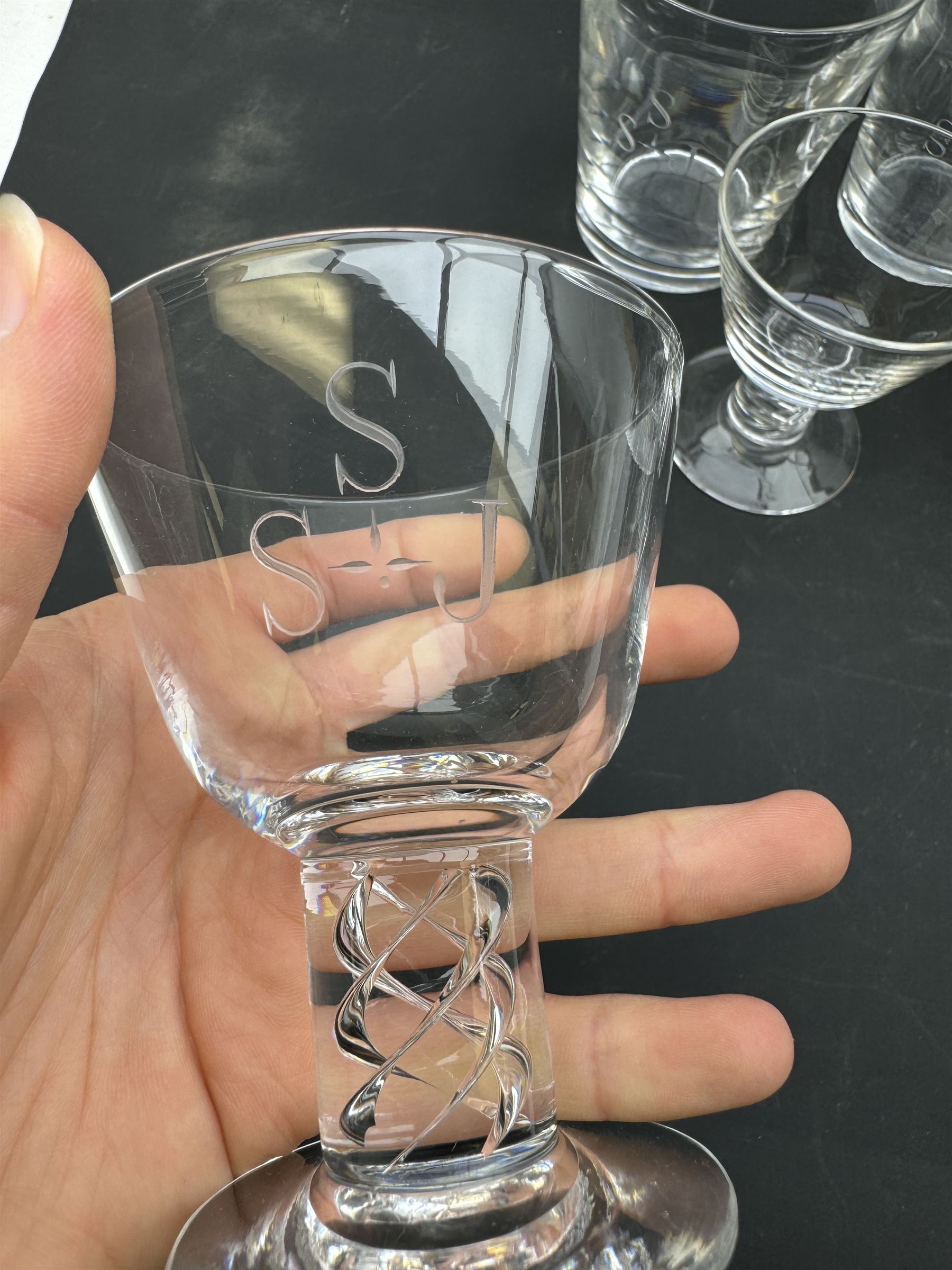 Steuben glassware, comprising set of four air twist cocktail glasses, together with four tumbles and one whisky glass, all engraved SSJ