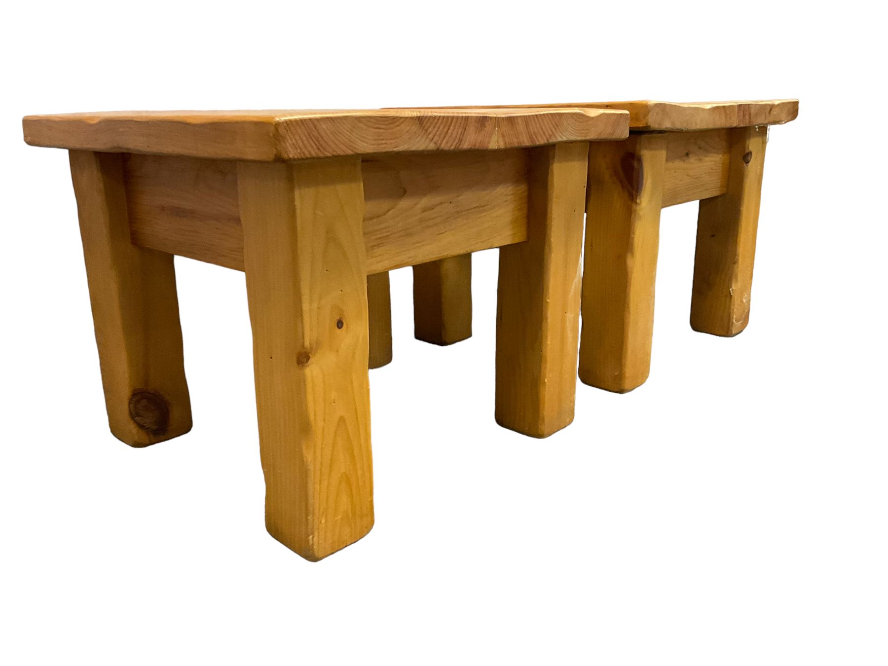 Two pine square coffee tables on block supports