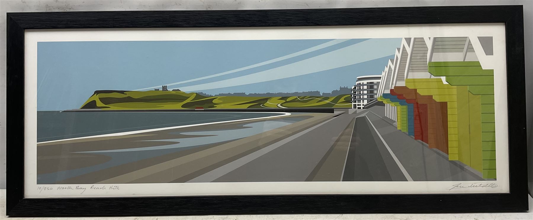 Ian Mitchell (British 20th Century): 'North Bay Beach Huts' Scarborough, limited edition digital lithograph signed titled and numbered 10/250 in pencil 29cm x 82cm 