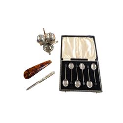 Set of six cased silver coffee bean spoons, hallmarked, shoe horn, EPNS cruet set and a si...