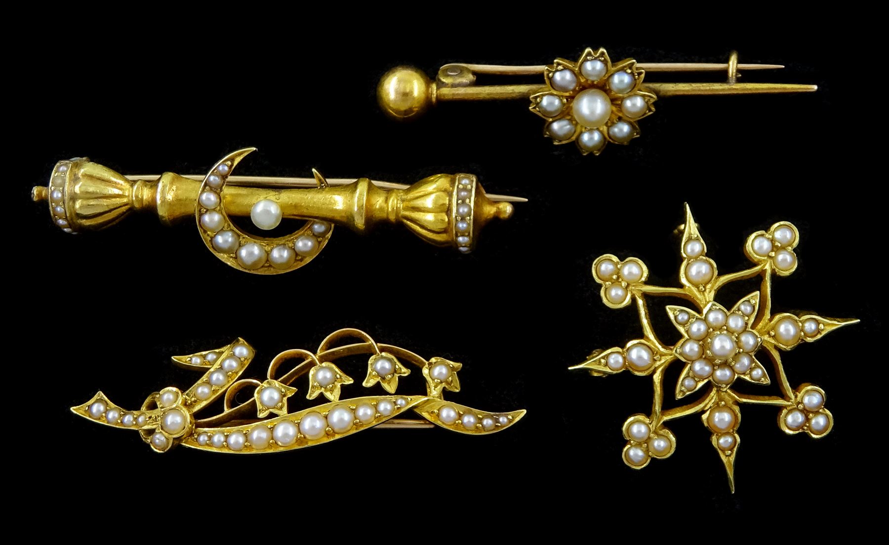 Four Victorian and Edwardian gold split pearl set brooches including star, crescent moon and flower design