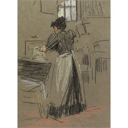 Horace Mann Livens (British 1862-1936): Lady Working in the Kitchen, pastel signed with initials 35cm x 26cm 