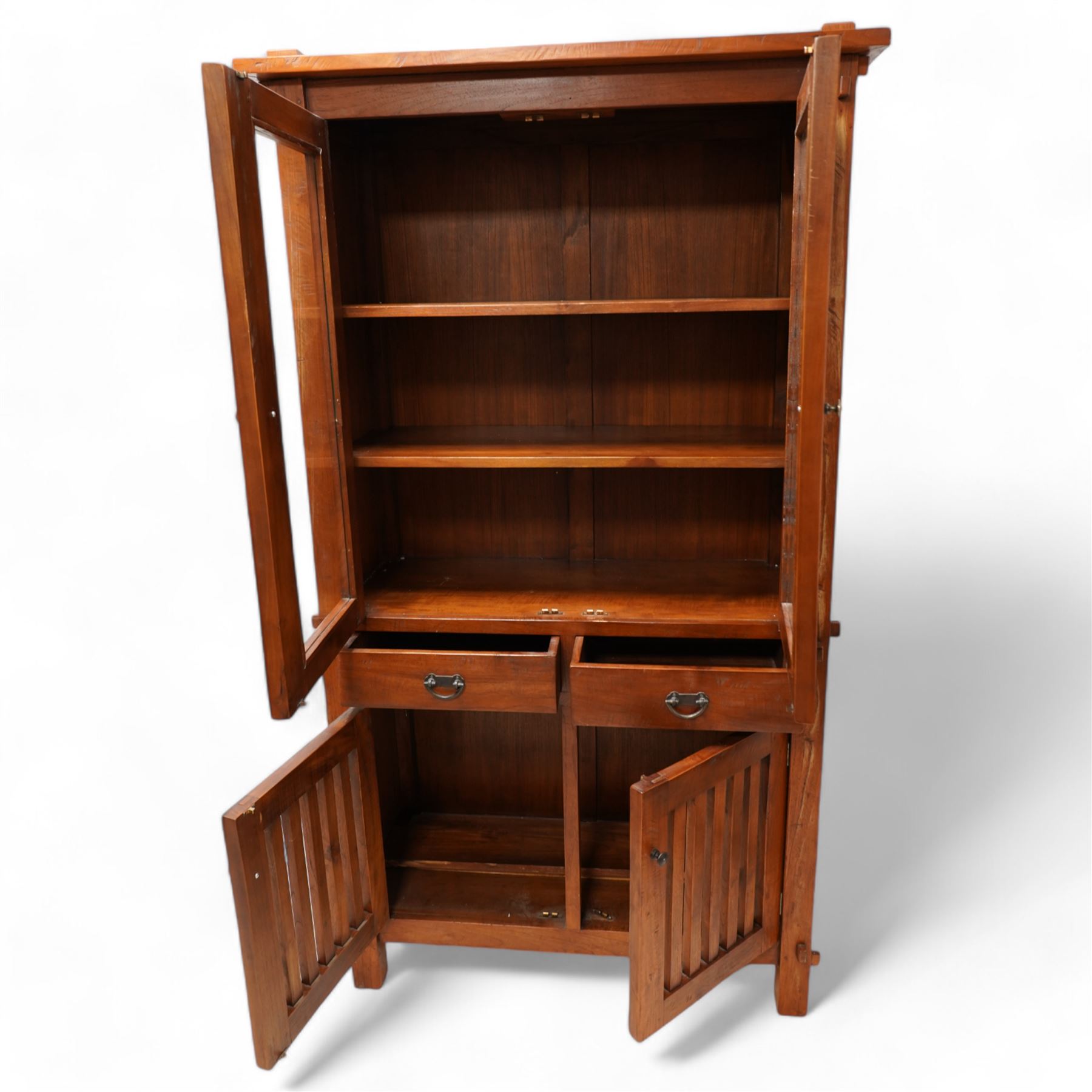 20th century reclaimed hardwood bookcase display cabinet, fitted with two glazed doors above two drawers, two slatted cupboards to base