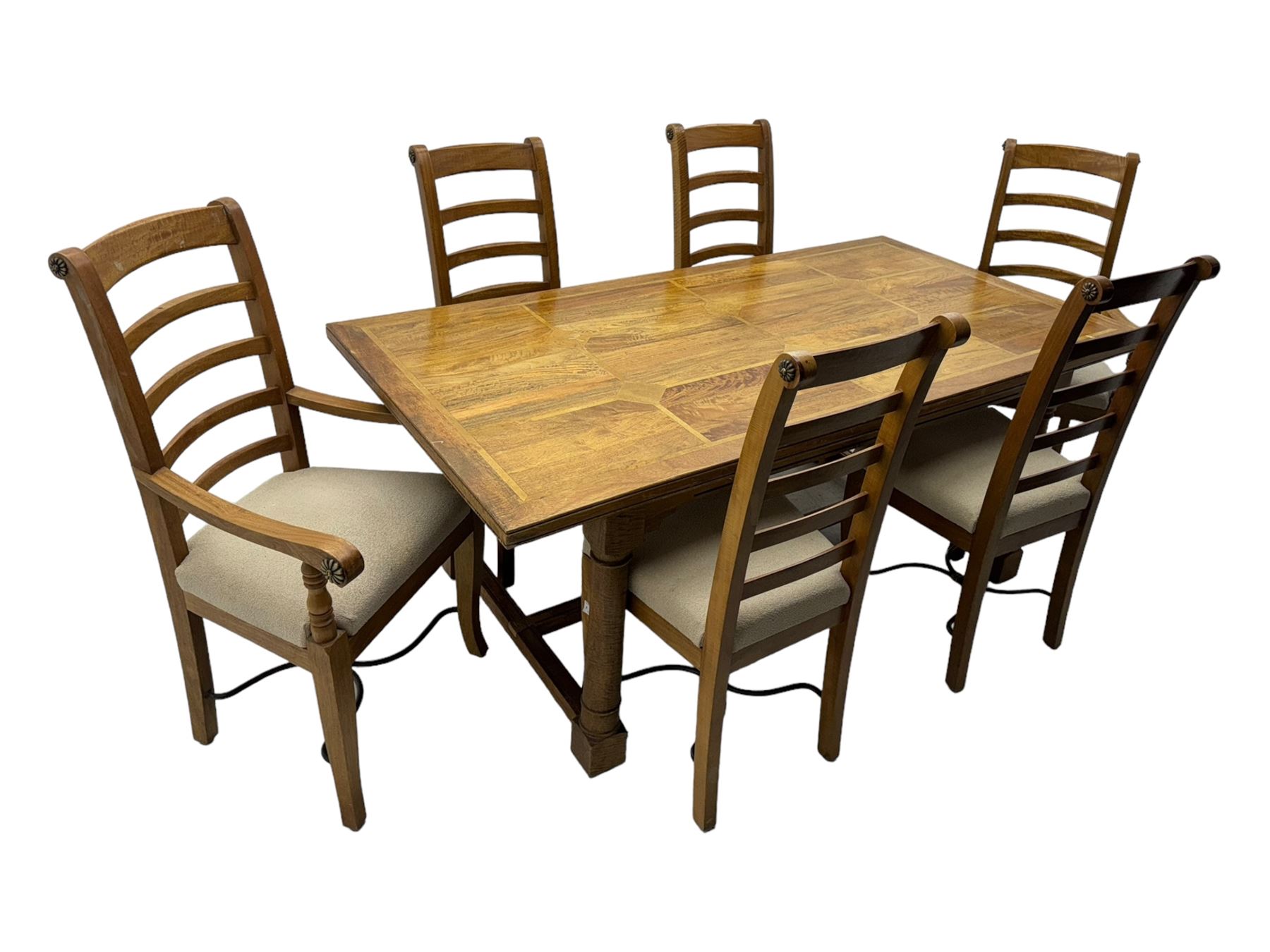 Barker & Stonehouse 'Flagstone' range mango wood dining table, fluted rectangular top with marquetry inlay, raised on turned supports connected by fluted H-stretcher; six (4+2) slatted-back chairs with beige upholstered seats H112cm 