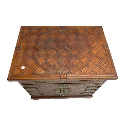 Chinese design bamboo and wood side cabinet, parquetry lattice-work bamboo, rectangular top over two drawers and double cupboard