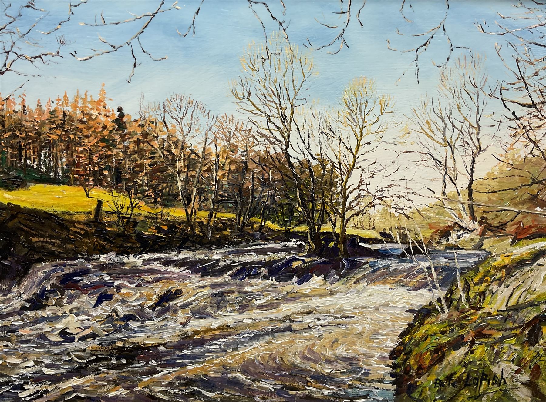 Peter Lapish (British 1937-): 'River Wharfe below Appletreewick', oil on canvas board signed, titled verso 29cm x 39cm