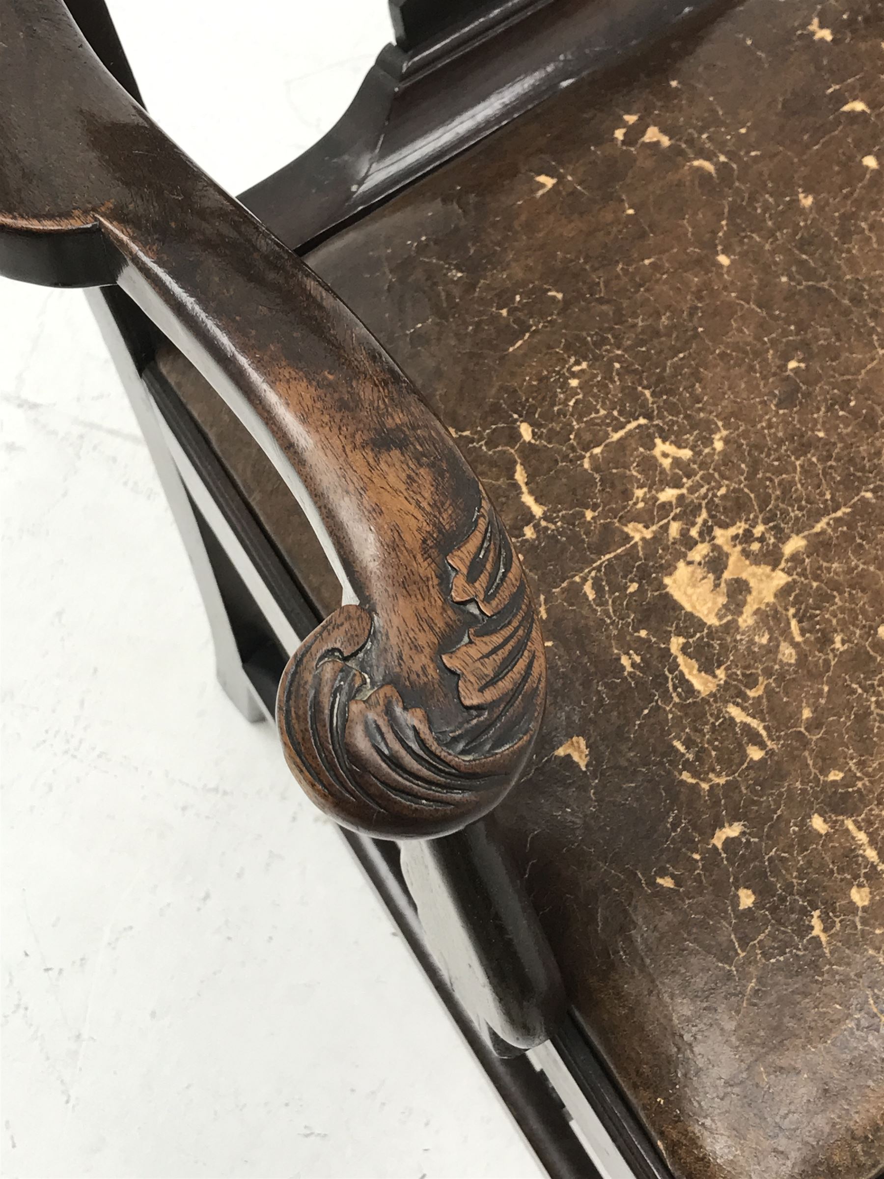 Georgian mahogany armchair, shaped cresting rail over a Gothic pierced splat, arms with acanthus scrolled terminals, leather drop in seat, moulded square supports, W62cm (total)