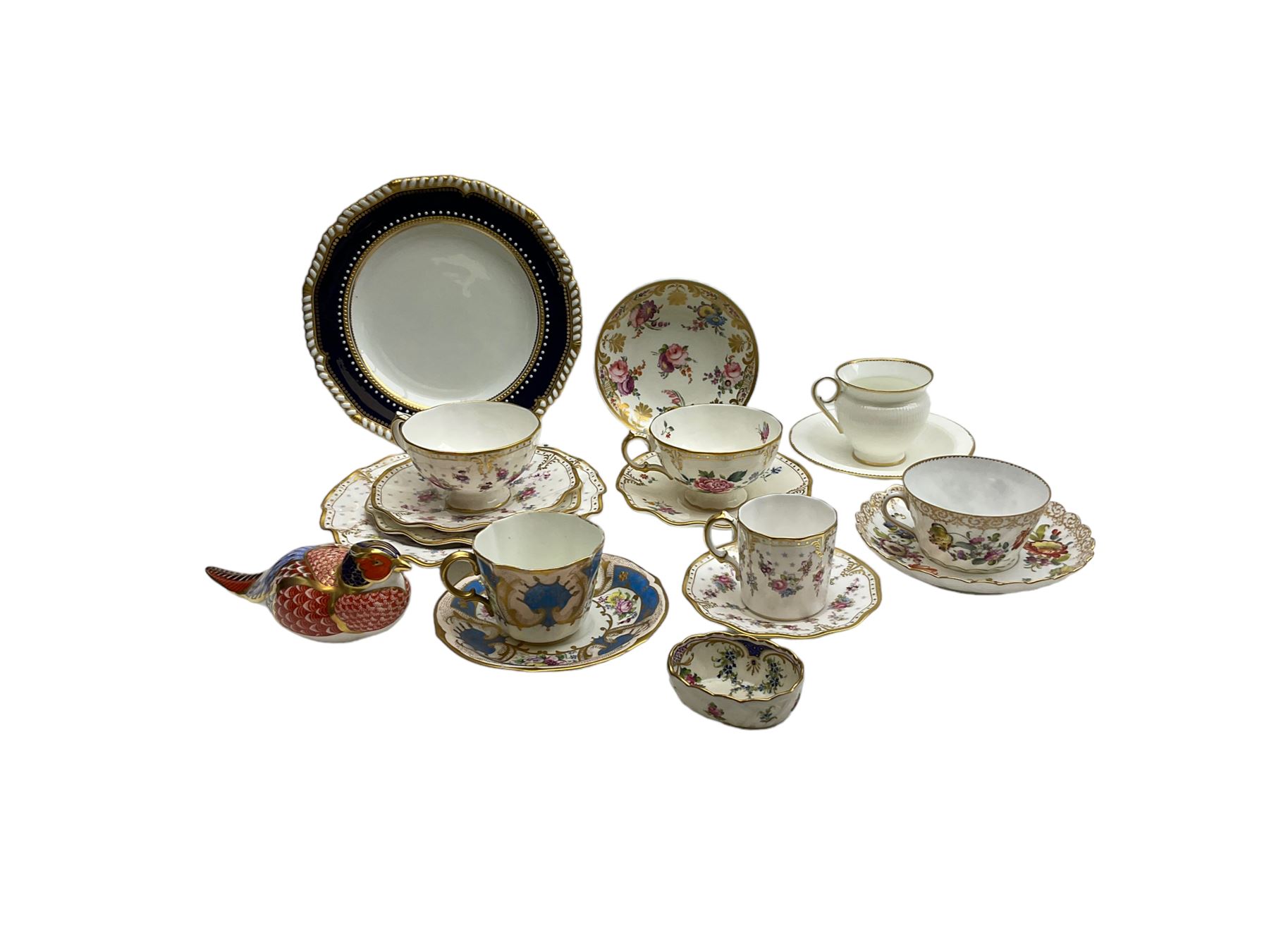 Royal Crown Derby tea wares, to include Royal Antoinette pattern coffee can and saucer, tea cup and saucer, side plate and dessert plate, Derby Days pattern tea cup and saucer, white glazed and fluted cup and saucer, example decorated with floral reserves and blue and gilt panels, side plate with blue and gilt edge, together with a Royal Crown Derby pheasant paperweight (lacking stopper), Dresden cup and saucer, and Dresden open salt, etc., in one box