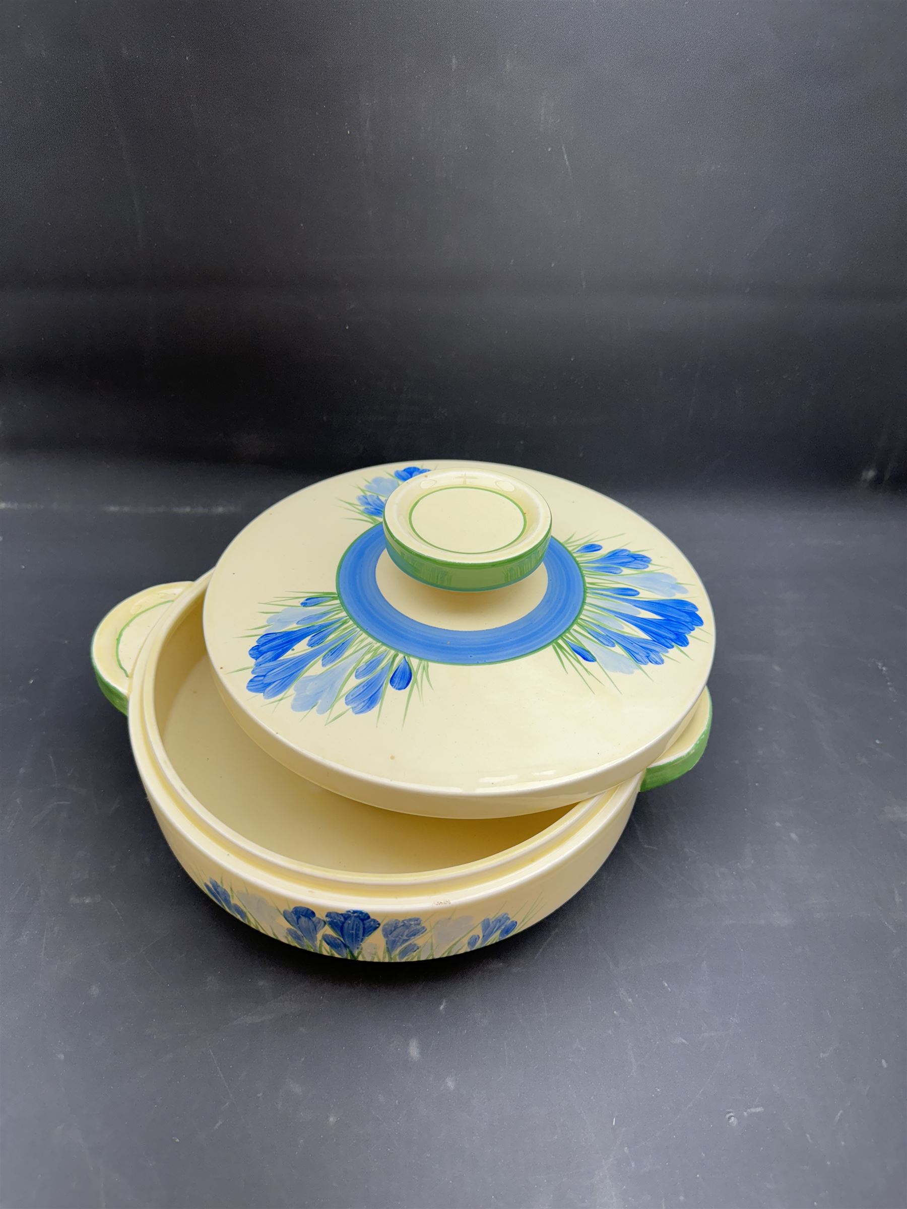 Clarice Cliff Bizarre 'Blue Crocus' pattern Odelon shape vegetable tureen and cover, with Crocus and Bizarre mark beneath, H12cm D20cm