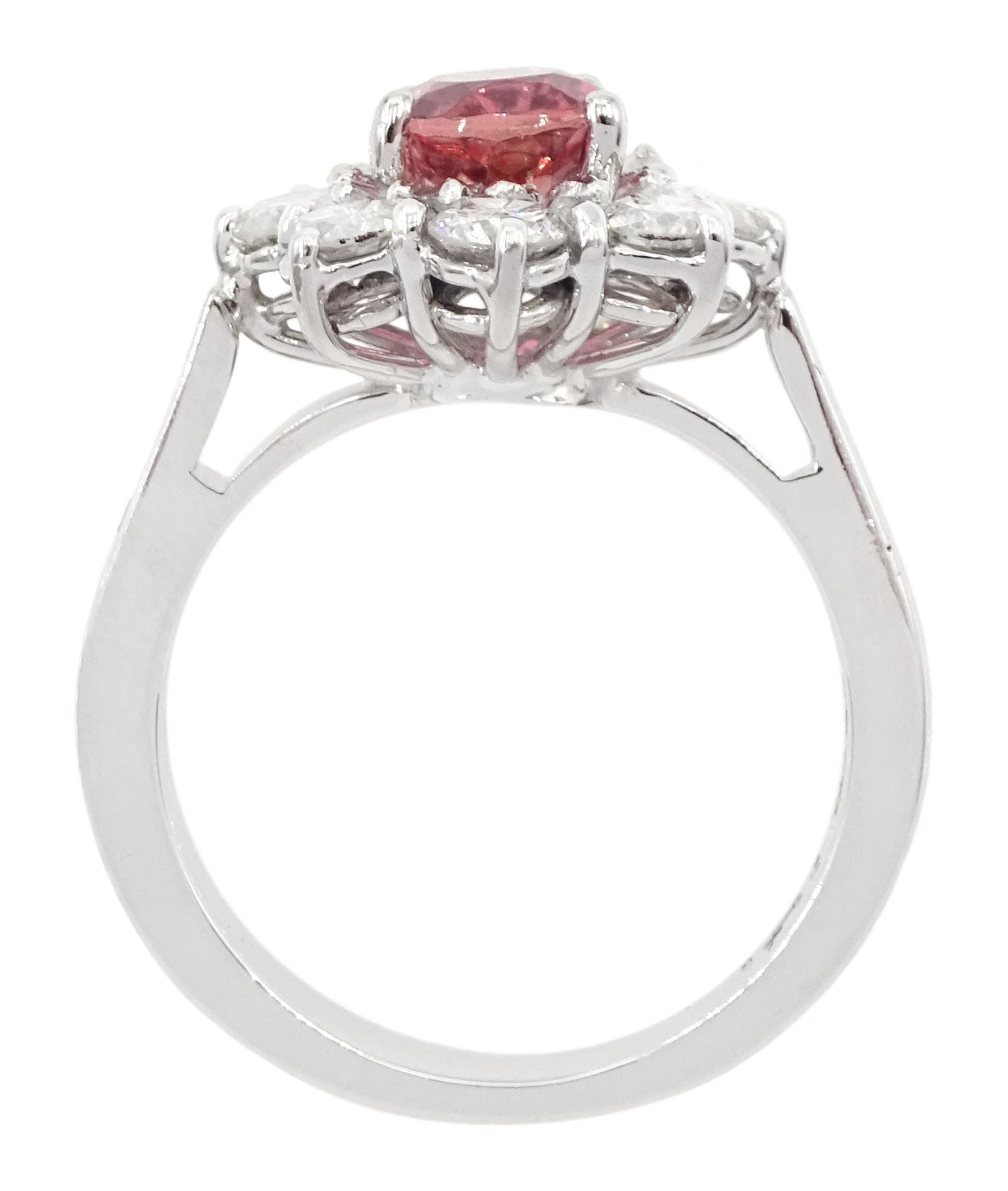 18ct white gold oval pink tourmaline and round brilliant cut diamond cluster ring, hallmarked, tourmaline approx 2.50 carat, total diamond weight approx 0.40 carat