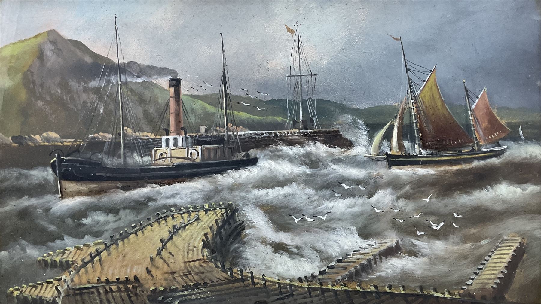 Alfred Worthington (British 1834-1927): Sail and Steam Vessels returning to Aberystwyth Harbour, oil on board unsigned 35cm x 60cm