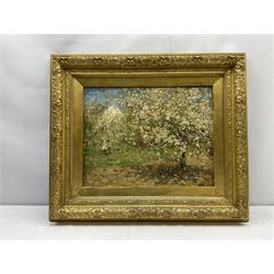 Frederic William Jackson (Staithes Group 1859-1918): 'Blossom' Hinderwell, oil on mahogany panel signed, title label verso 34cm x 44cm 
Provenance: exh. Manchester City Art Gallery 'Selected Works' 1918, label verso. The picture was lent for the exhibition by the artist's brother Charles Arthur Jackson, who owned a gallery at 7 Police Street Manchester, it shows the back view of the artist's white cottage at Hinderwell