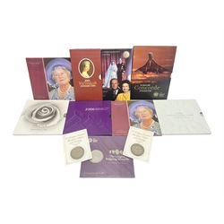 Eleven Queen Elizabeth II cupronickel five pound coins, in card folders or on cards