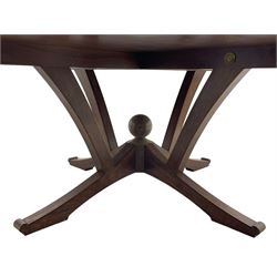 Senior & Carmichael, Betchworth - Georgian design walnut centre table, the circular moulded top with satinwood band and central star inlay, quadriform base with central orb and applied makers plaque, raised on splayed supports