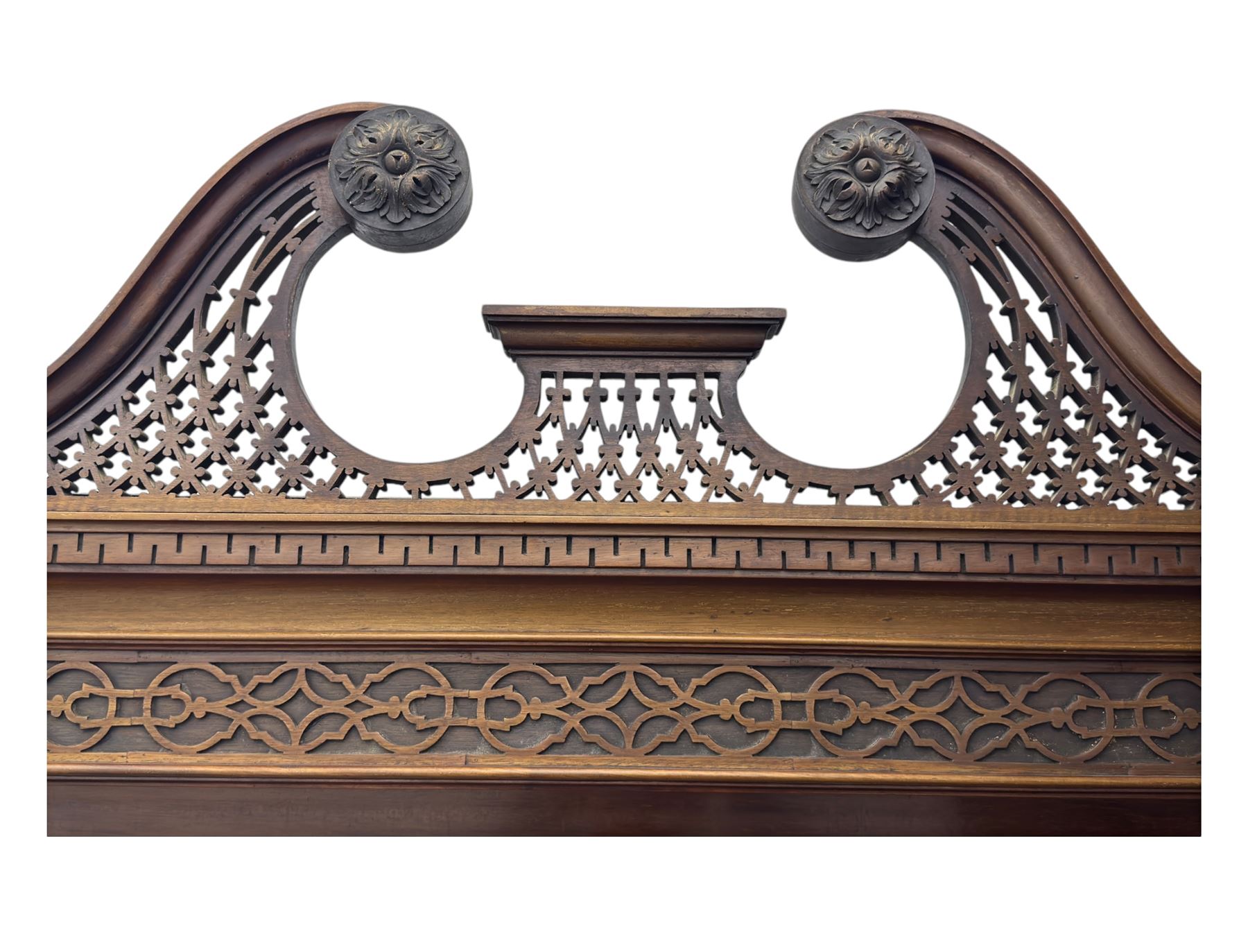 19th century mahogany sideboard, raised mirror back with carved fretwork and two fluted columns, above two cupboards and two drawers with lion mask handles