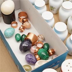 Collection of twenty four Gloria Concepts Franklin Mint small spice jars H8cm, pair of Carlton Ware condiments and a number of marble and hardstone ornamental eggs