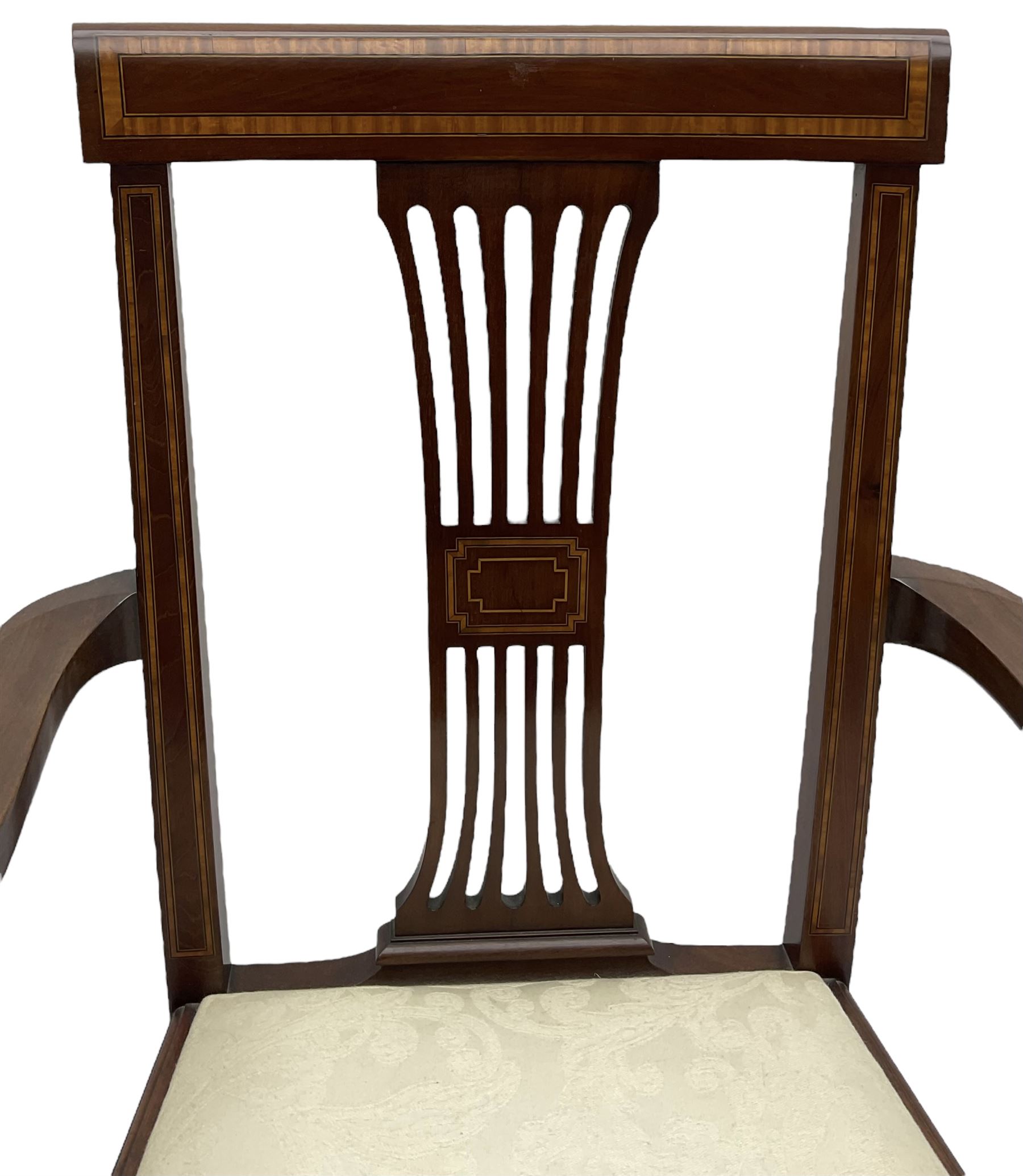 Set of four (2+2_ Edwardian inlaid mahogany dining chairs, cresting rail with satinwood banding, pierced splat backs with central inlay, drop-in seats upholstered in foliate patterned ivory fabric, raised on square tapering supports terminating in spade feet