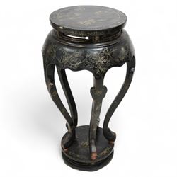 Chinese design black lacquered jardinière stand, circular bulbous form, the top decorated with traditional Chinese pagoda scene with fisherman, five shaped supports on circular base, scrolling decoration 