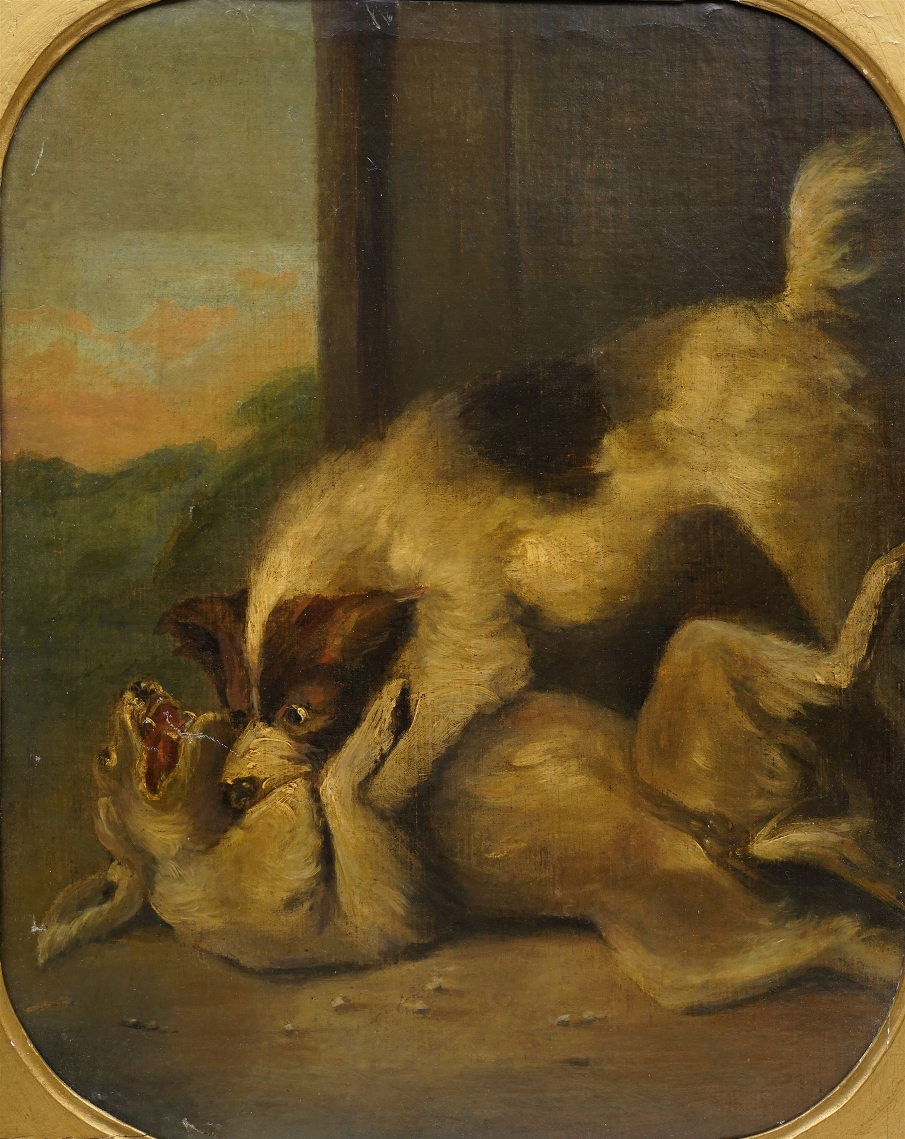 After George Morland (British 1763-1804): 'Fighting Dogs', 19th century oil on canvas unsigned 51cm x 41cm, in ornate cartouche moulded gilt frame, overall 73cm x 56cm