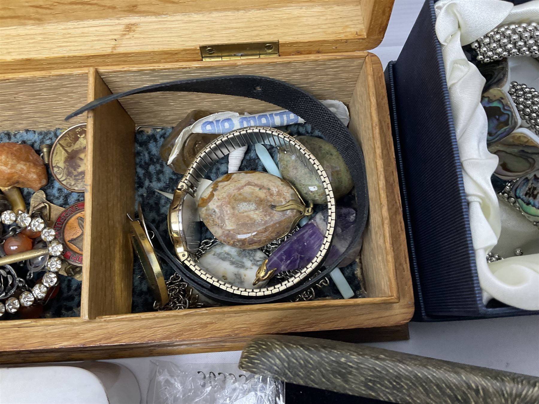 Silver brooch and a collection of costume jewellery, together with ceramic trinket box, foldable photograph frame and other collectables