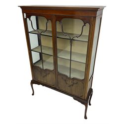 Early 20th century mahogany straight-front display cabinet, projecting moulded cornice over two astragal glazed doors with lower panels, on cabriole supports 