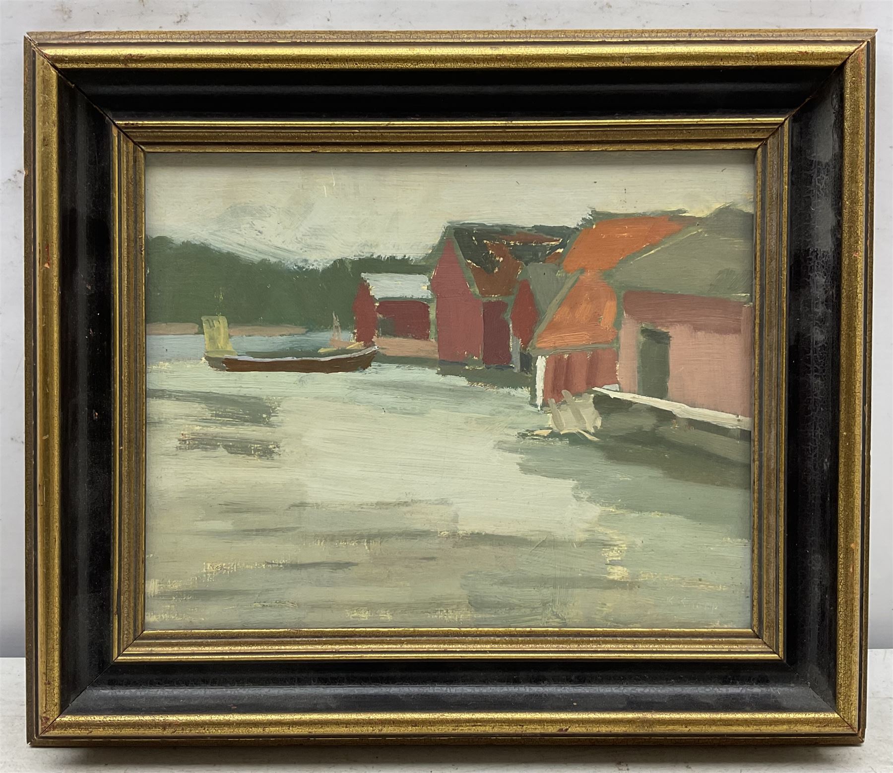 K Knapp (German 20th Century): Boatsheds, oil on board signed 25cm x 32cm 