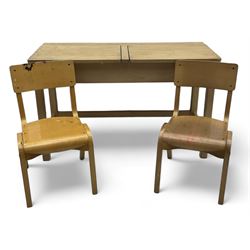 Mid-20th century beechwood school desk, rectangular lift-top desk with storage compartment...