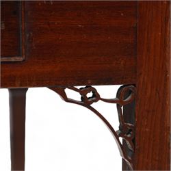 George III mahogany table, fixed square top with moulded edge, fitted with single cock-beaded drawer, pierced corner brackets, on square tapering supports with spade feet 