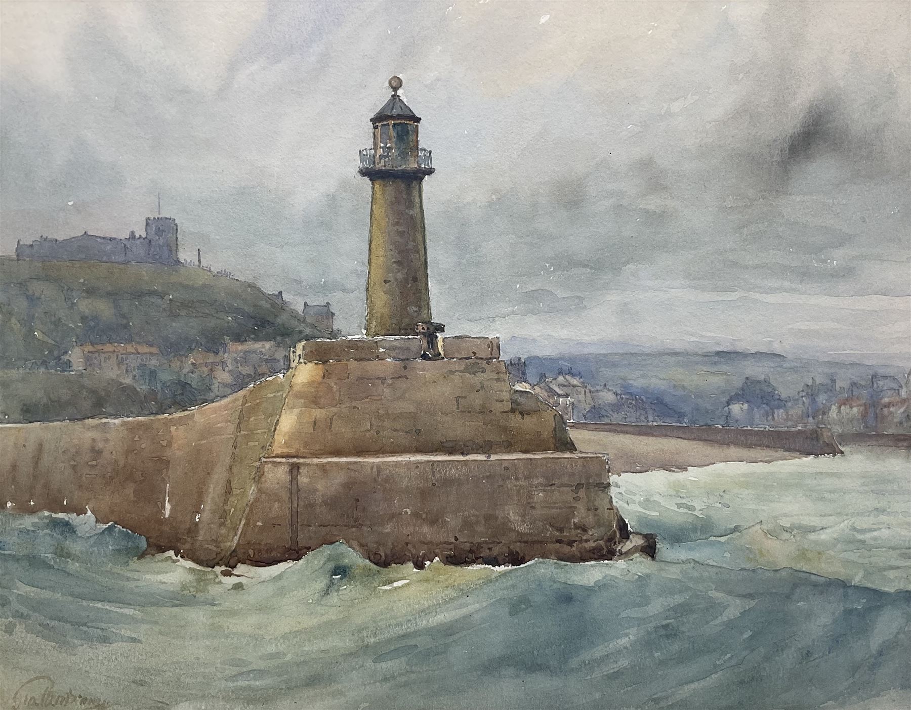 English School (Early 20th century): Whitby East Pier, watercolour indistinctly signed 26cm x 33cm