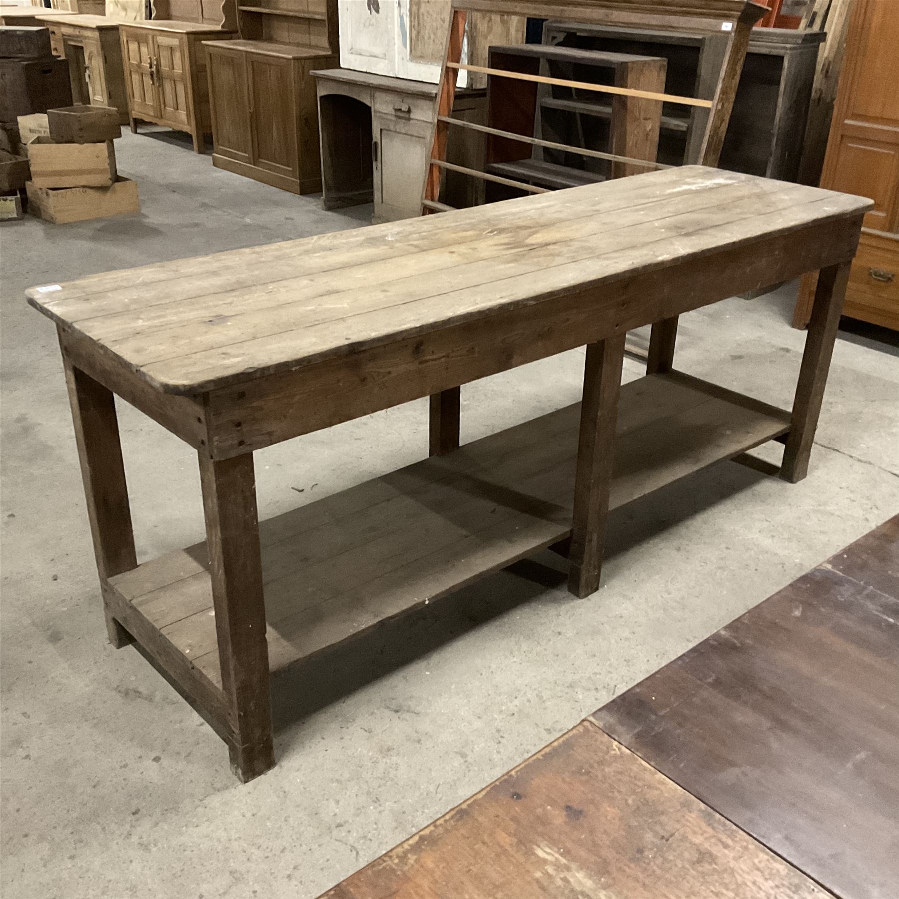 19th century pine narrow side table, rectangular plank top on block supports united by plank under-tier  - THIS LOT IS TO BE COLLECTED BY APPOINTMENT FROM THE OLD BUFFER DEPOT, MELBOURNE PLACE, SOWERBY, THIRSK, YO7 1QY