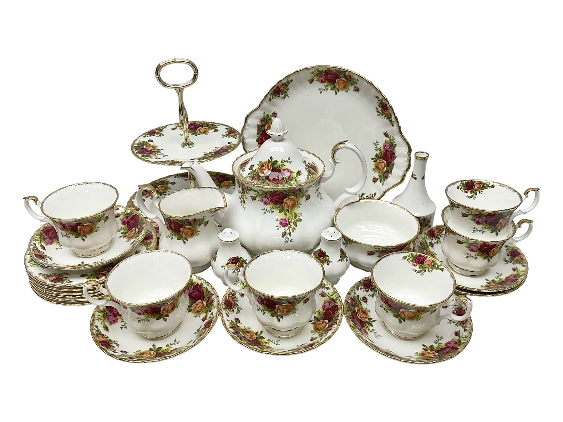 Royal Albert Old Country Roses pattern tea service for six, comprising teapot, sucrier, milk jug, dessert plates, one cake plate, one two tiered cake stand, salt and pepper pots and bud vase 