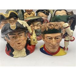 Eight Royal Doulton character jugs, including St George D6618, Guardsman D6568, The Juggler D6835 etc, together with Royal Doulton toby jug Sir Francis Drake D6660