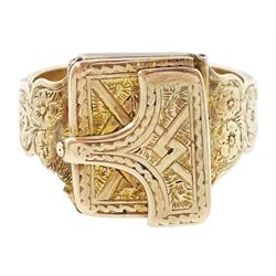 Victorian 9ct gold hinged locket mourning ring, the sides with engraved foliate decoration...