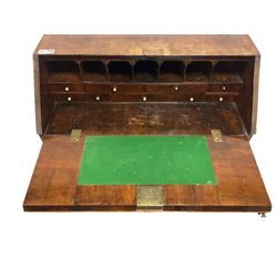 18th century walnut bureau, crossbanded and feather-banded rectangular top and fall-front, enclosing fitted interior with pigeonholes and correspondence drawers with bone handles, over two short and three long graduating drawers with moulded facias and original brass handles, on bracket feet