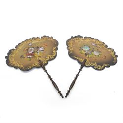 Pair of victorian paper mache and mother of pearl fans, decorated with birds and floral sp...