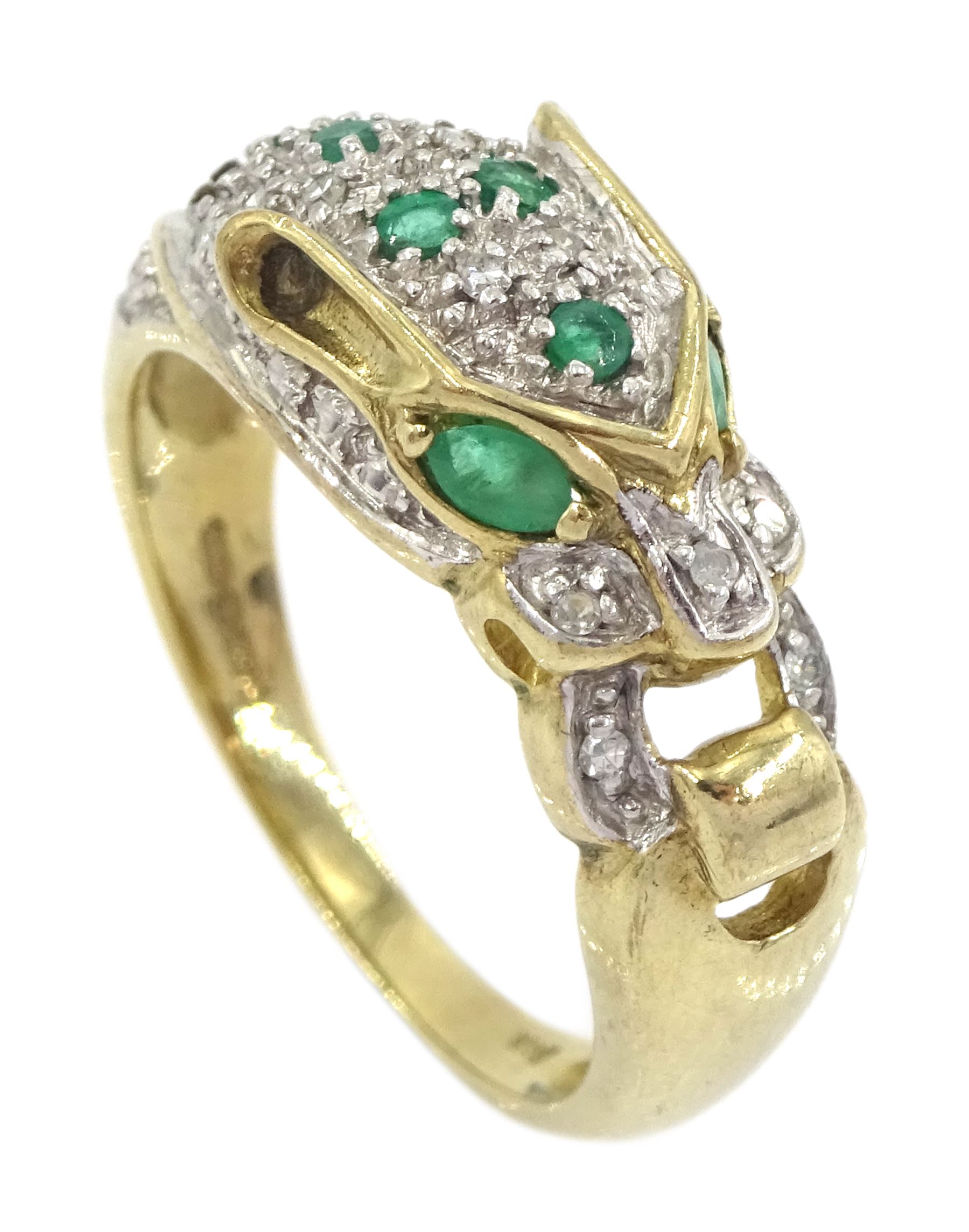 9ct gold emerald and pave set diamond leopard ring, hallmarked