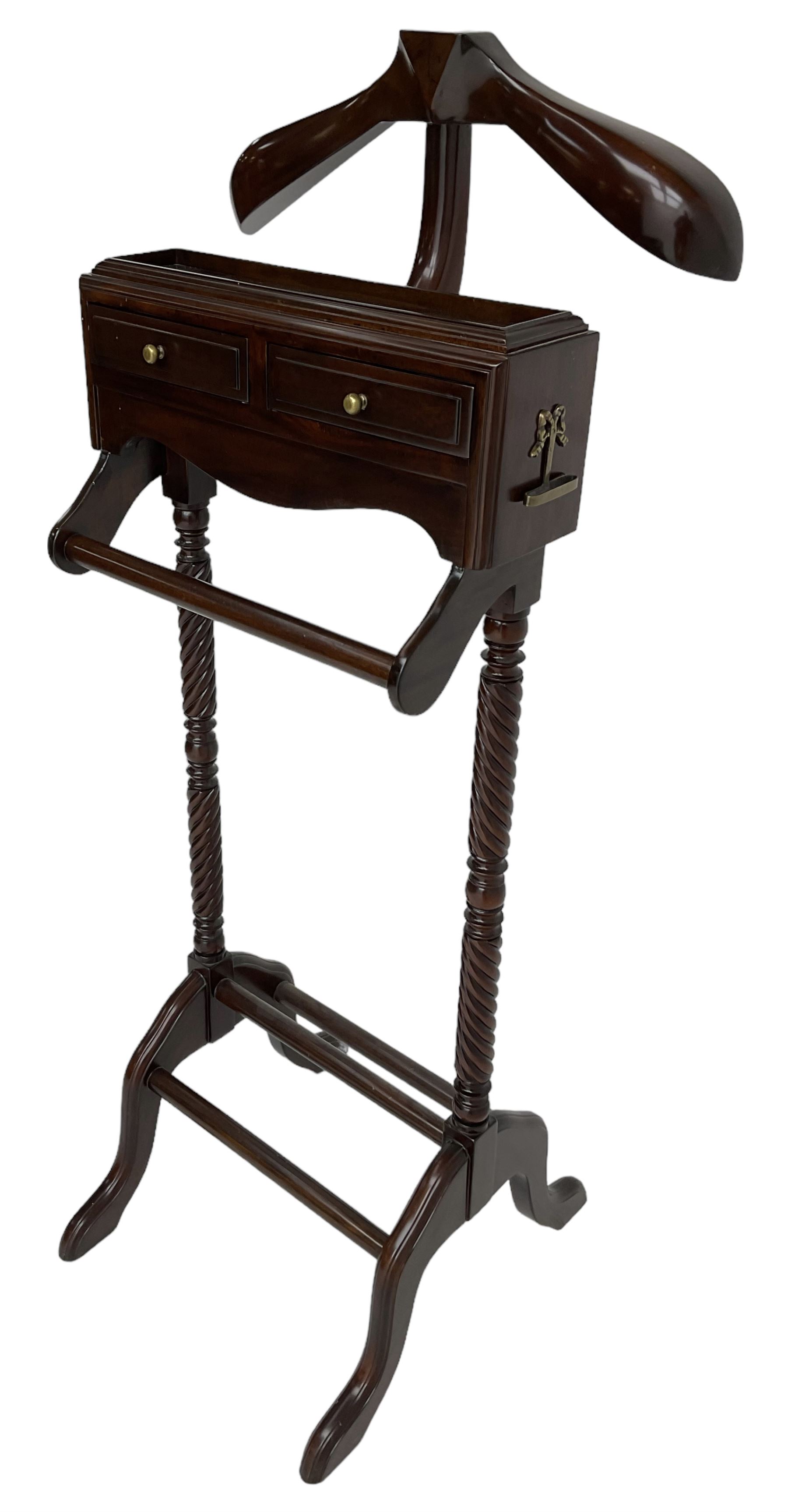 Regency design mahogany dumb-valet, fitted with jacket hanger, over two drawers and rail, twist-turned upright supports, on splayed feet united by shoe rests