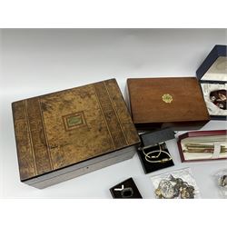 A collection of Vintage and later costume jewellery and wrist watches, to include a ladies Bulova bark effect watch, a silver brooch, hallmarked London import, boxed Webb Corbett paperweight, small Swarovski figure, together with a 19th century burr walnut box, a smaller brass bound mahogany box, etc. 