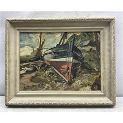 Manner of Enslin Hercules Du Plessis (South African 1894-1978): Boats on the Shore, oil on board unsigned 28cm x 38cm; French School (Mid 20th century): On the Harbourside, oil on canvas indistinctly signed 23cm x 32cm (2)