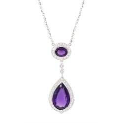 18ct white gold oval and pear cut amethyst and milgrain set, round brilliant cut diamond p...