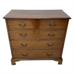 George III mahogany chest, moulded rectangular top over two short and three long cock-beaded drawers, fitted with brass swan neck handles and circular plates, on bracket feet