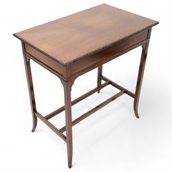 Edwardian mahogany side table, rectangular top with beaded edge, on square tapering supports with splayed feet, united by plain stretchers 