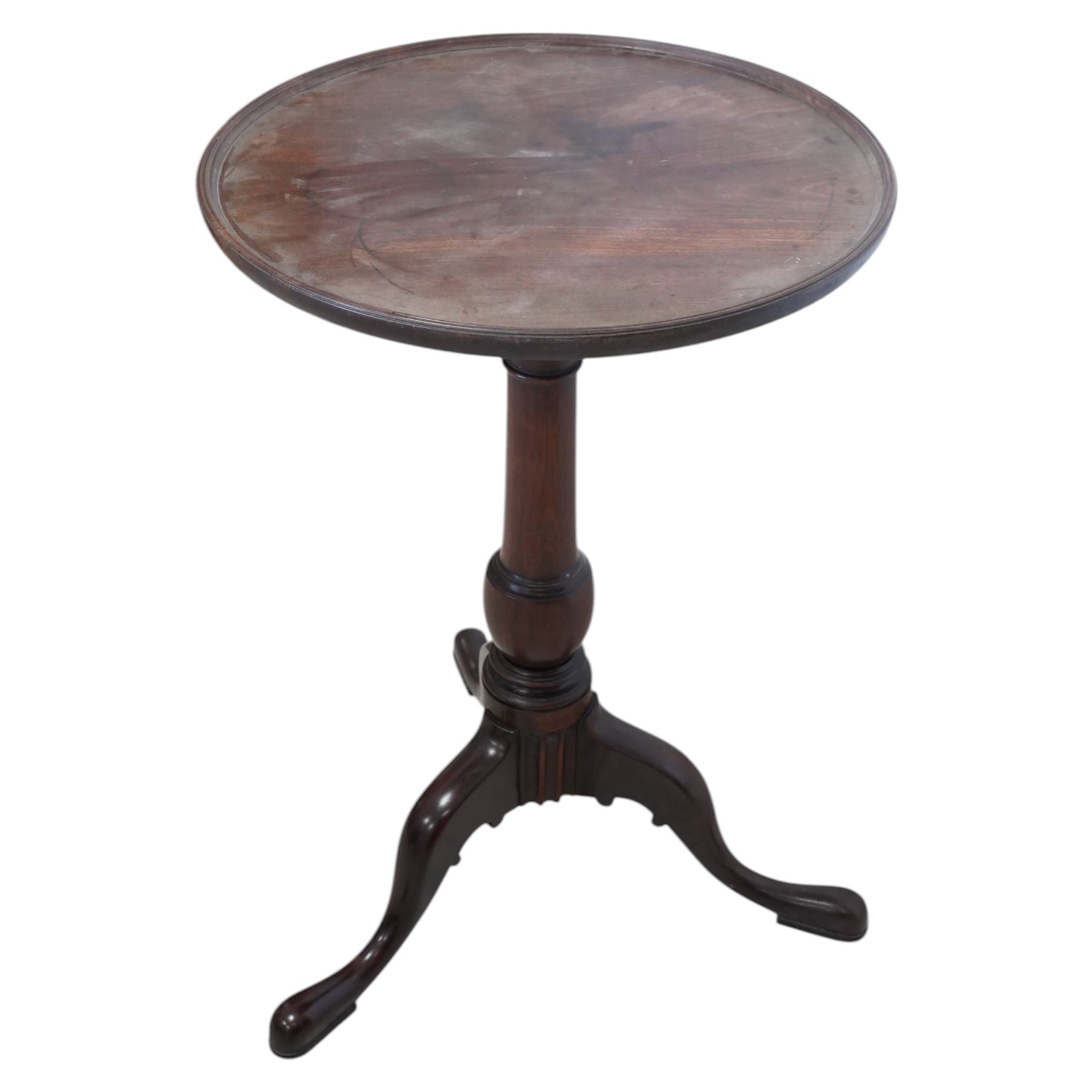 George III mahogany wine table, the circular dished top raised on a turned vasiform pedestal, terminating to splayed supports