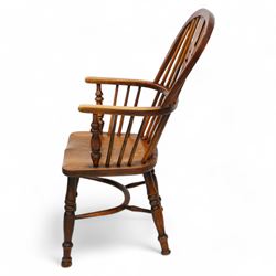 19th century elm and beech Windsor armchair, double hoop and stick back with shaped and pierced splat, dished seat on turned supports united by crinoline stretcher 