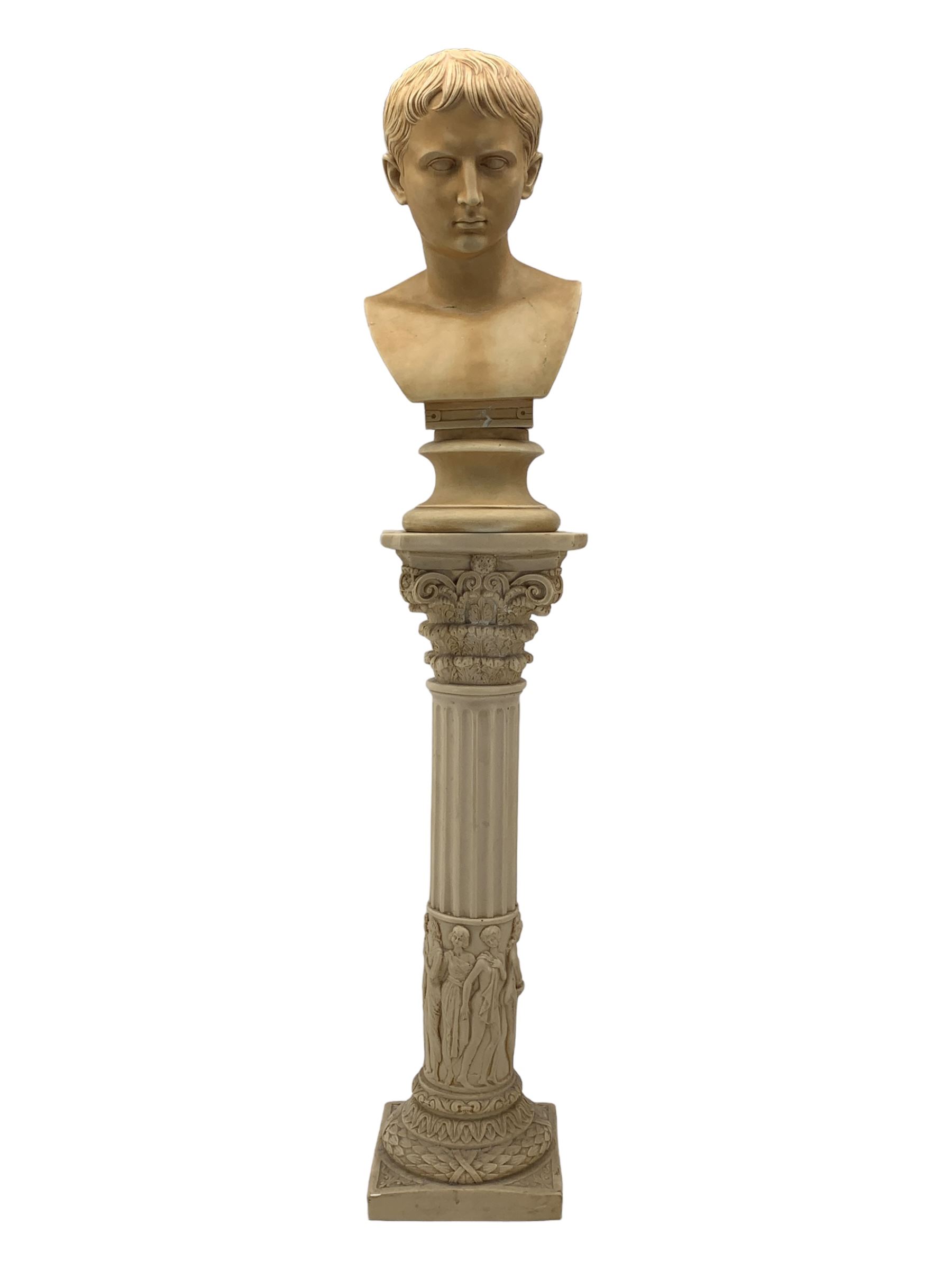 After Antonio Canova (1757 - 1822): 'Young Augustus', faux marble bust on socle plinth, with a faux marble Corinthian column pedestal, H118cm overall 