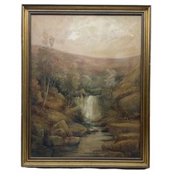 Frederick William Booty (British 1840-1924): Waterfall with Angler, watercolour signed and dated 1910, 75cm x 58cm