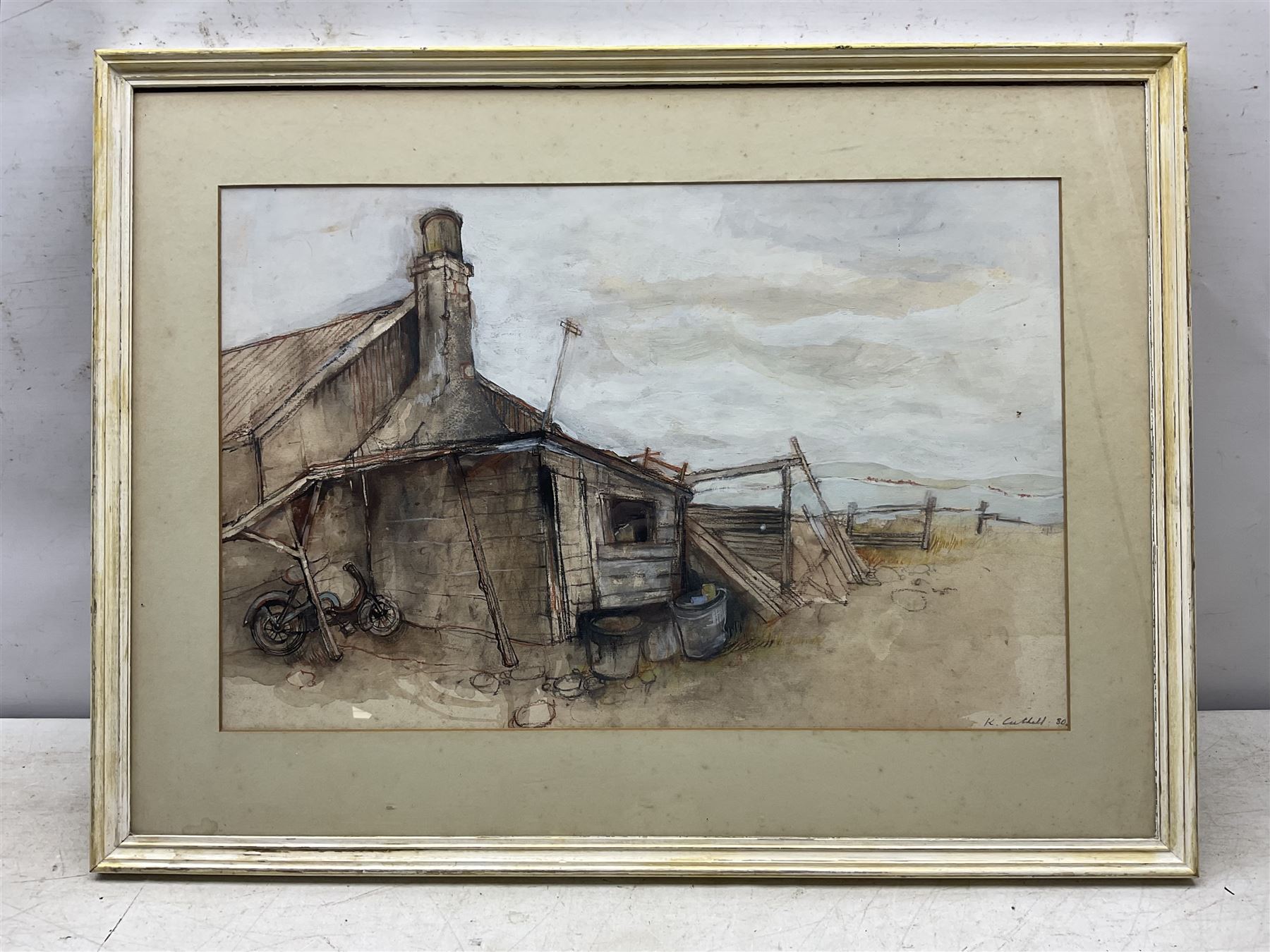 K Cuthall (British 20th Century): Barn, watercolour and gouache signed and dated '80, 36cm x 56cm 